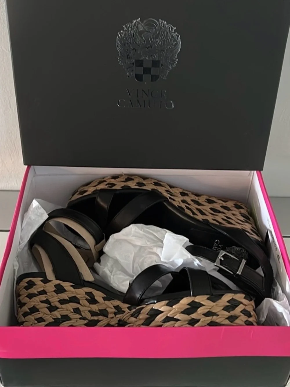 🆕 VINCE CAMUTO Fettana Black Espadrille Platform Wedge Sandals Women’s 9.5 NWT